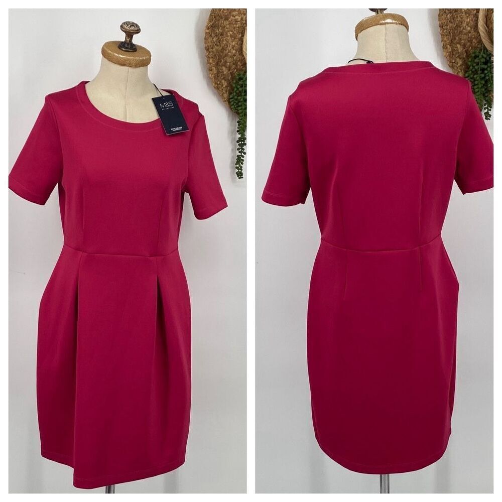 M&S Marks‎ & Spencer Scuba Shift MIDI Dress Fit & Flare Pleated Short Sleeve 8